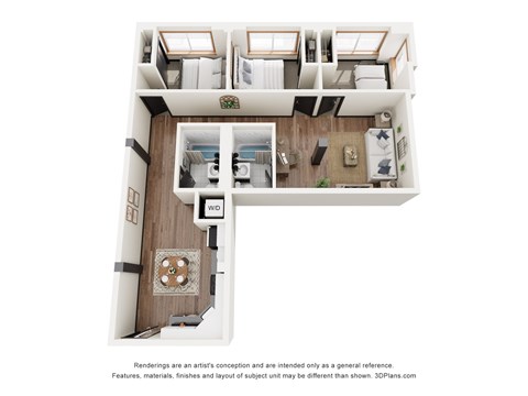 Floor plan for 3 beds, 2 baths, 1289 sqft